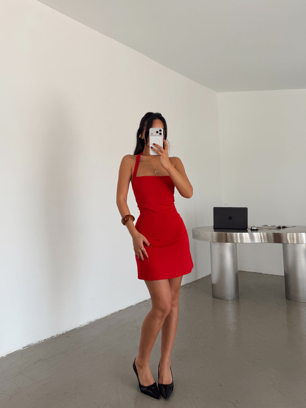Halter Yaka Mini Elbise - Kırmızı