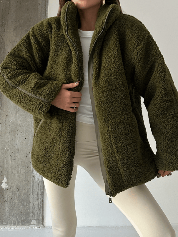 İç Astarlı Oversize Peluş Mont  - Haki Yeşil