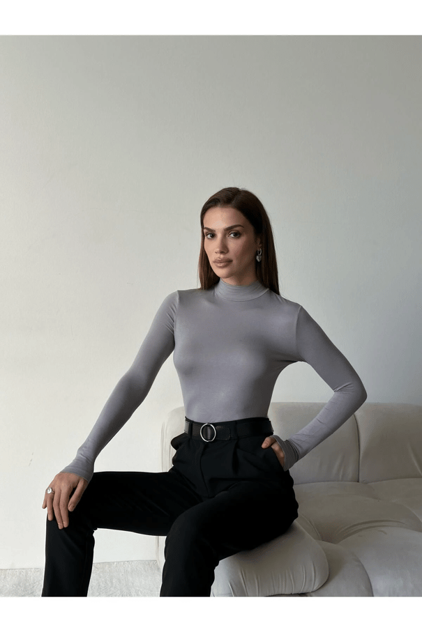 Dik Yaka Balıkçı Bluz Gri - Gri