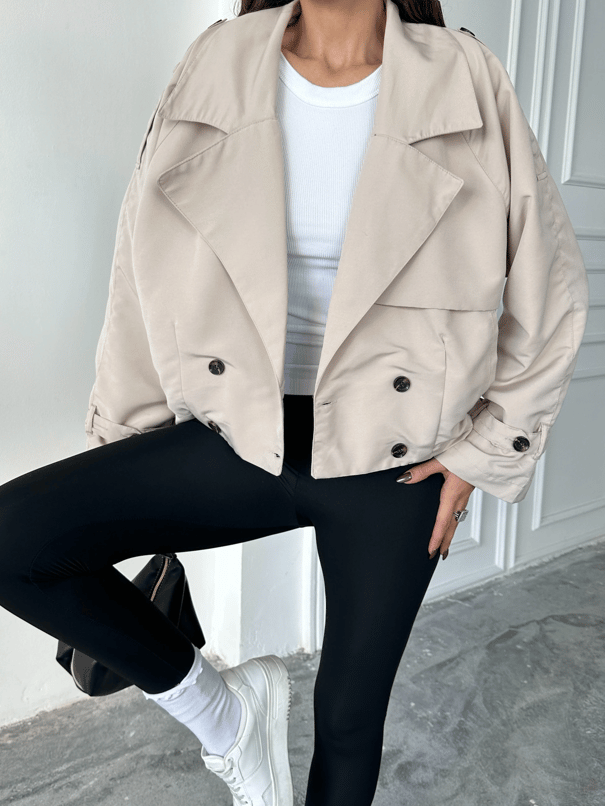 Dört Düğmeli Crop Trençkot - Taş