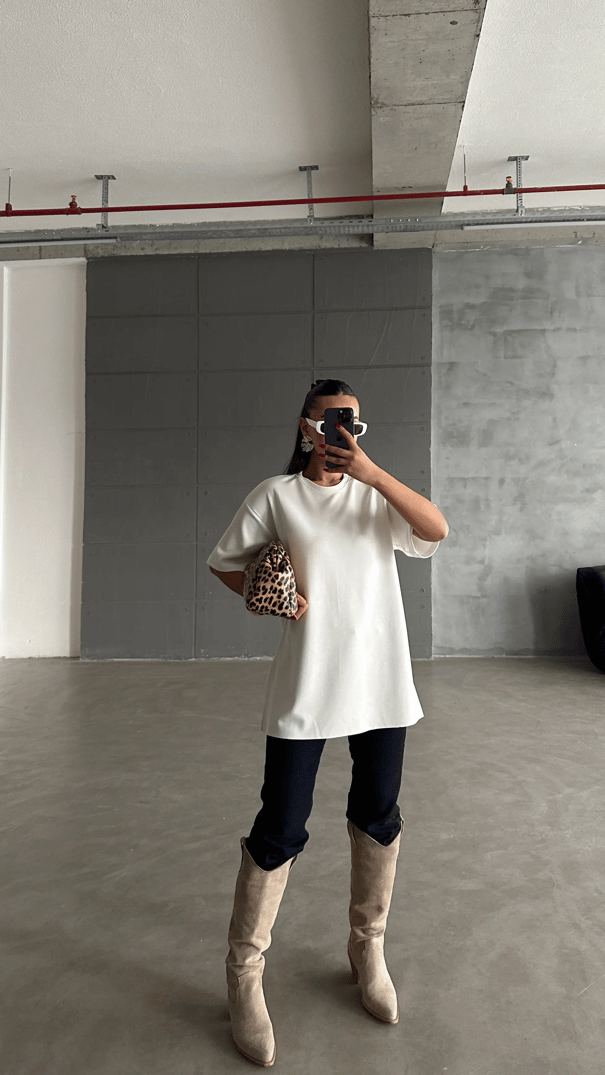 Yan Yırtmaç Oversize Basic - Ekru