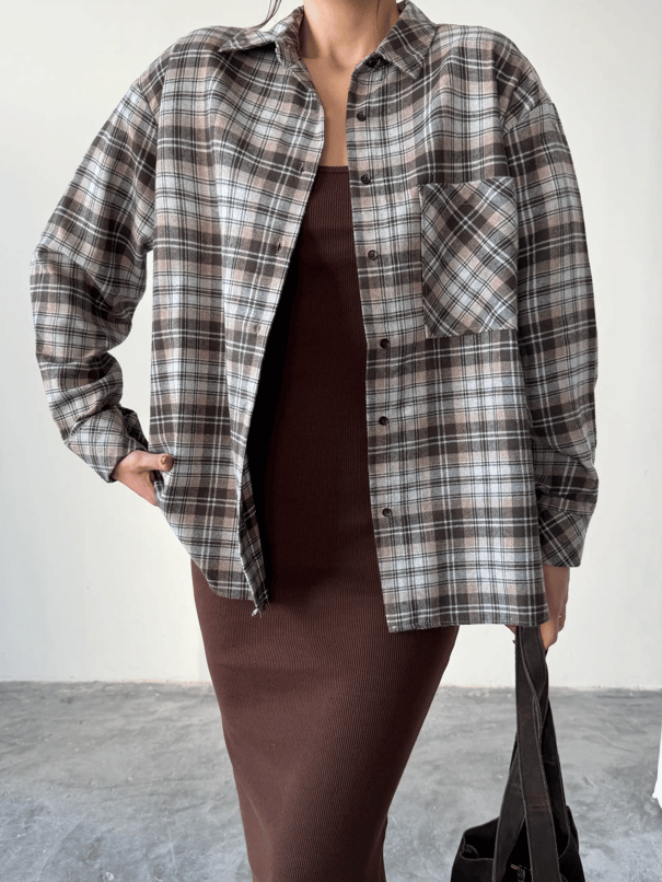 Tek Cep Ekose Gömlek - Bej