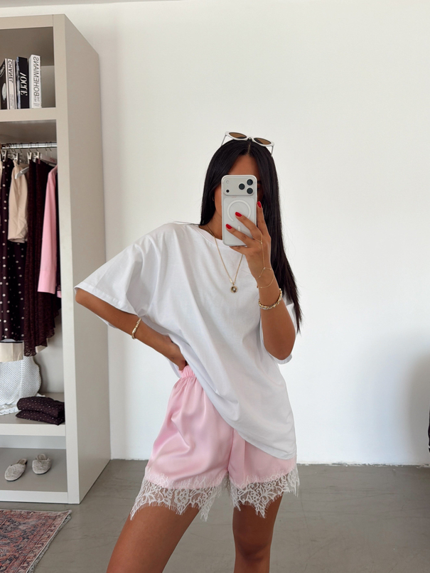 Saten Dantelli Mini Şort - Pembe