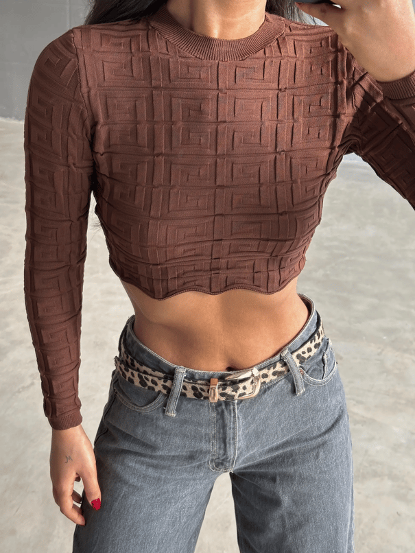 Labirent Desen Crop Triko Kazak Kahverengi - Kahverengi