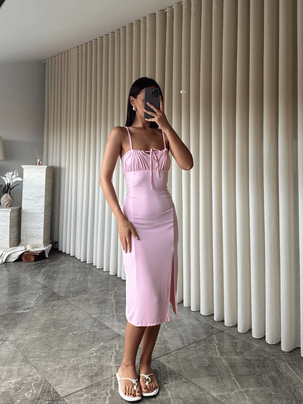 Göğüs Kulplu Askılı Elbise  - Pembe