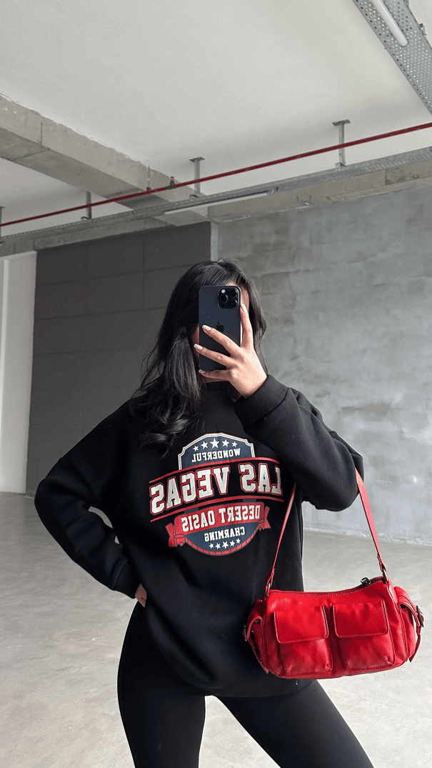 Las Vegas Üç İplik Oversize Sweat Siyah - Siyah