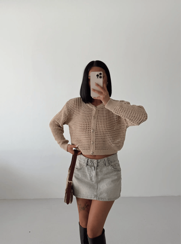 Simli Crop Hırka  - Vizon