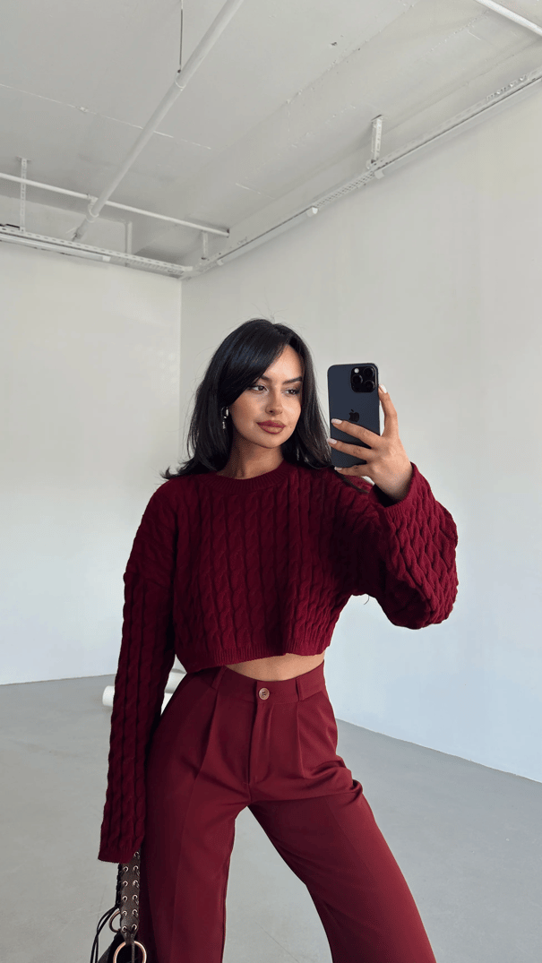 Saç Örgü Triko Crop Kazak Bordo - Bordo