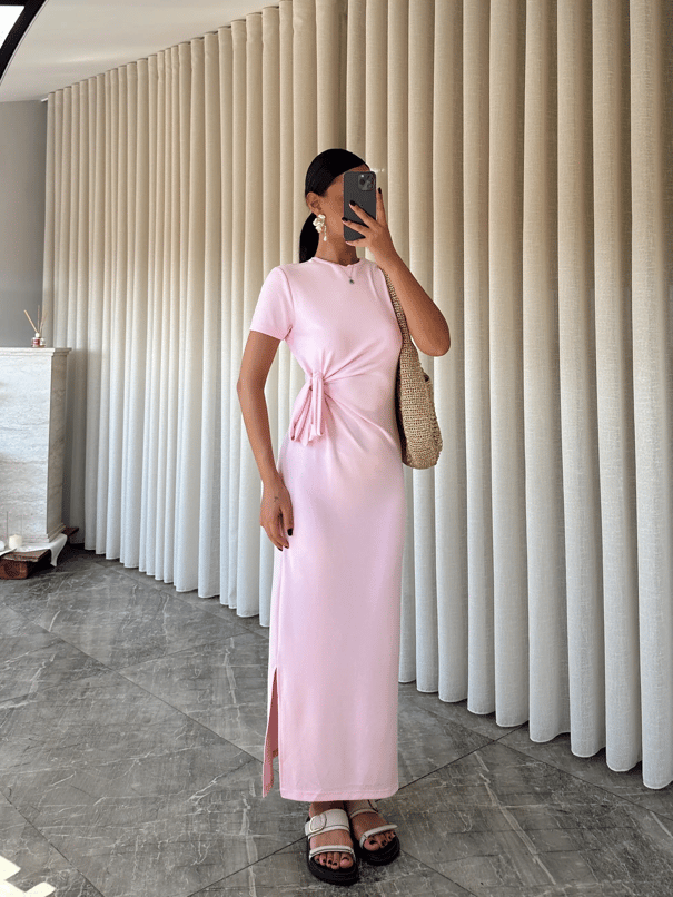 Bağlamalı Modal  Kumaş Elbise - Pembe
