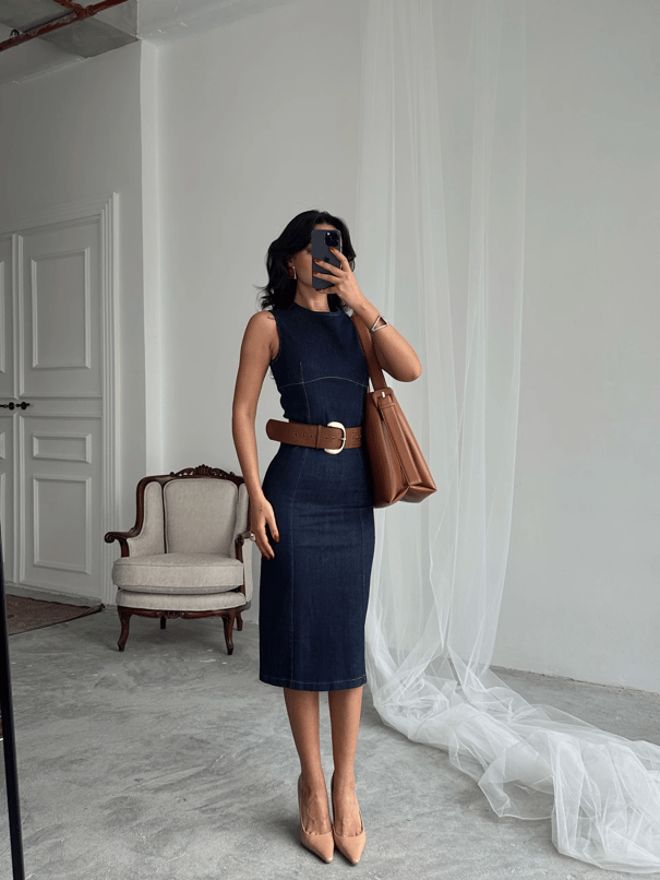 Sıfır Kol Denim Elbise - Lacivert