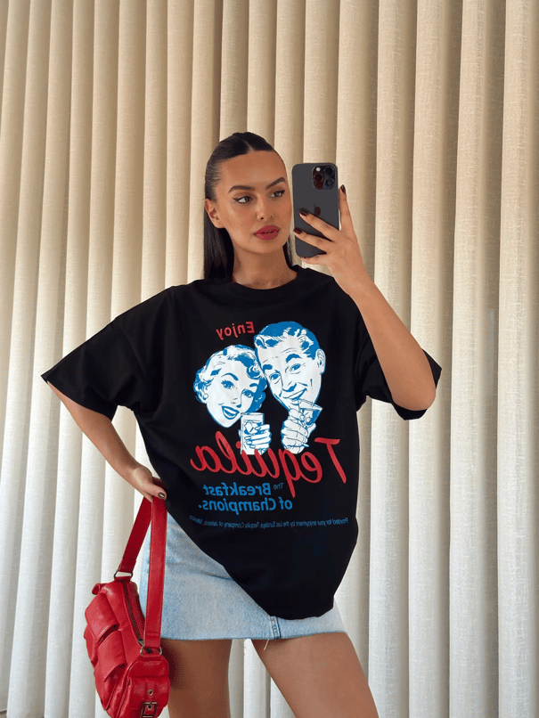Tequila Baskılı Tshirt Siyah - Siyah