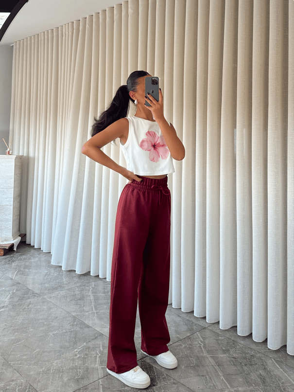 Bel Lastik Detay Palazzo Eşofman - Bordo