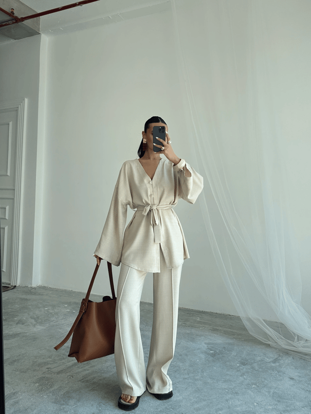 Düğme Detay Kuşaklı Kimono Takım - Krem