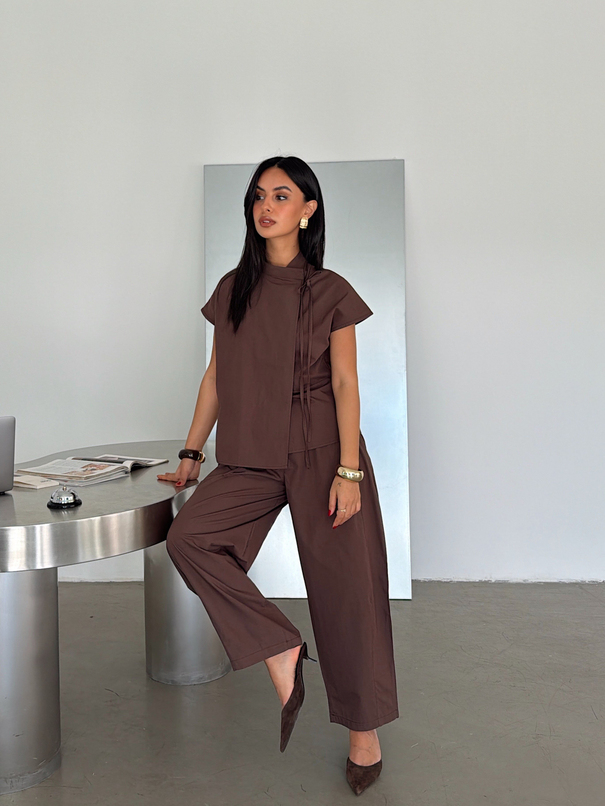 Poplin Balon Pantolon Takım - Kahve