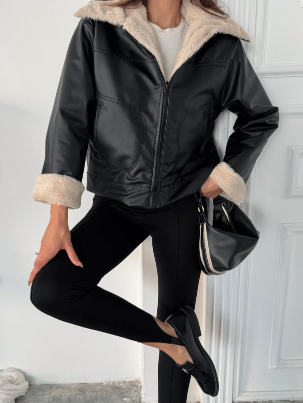 İçi Kürklü Deri Mont - Siyah