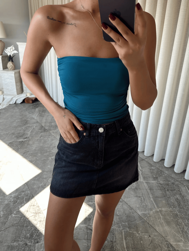 Drapeli Straplez Crop - İndigo