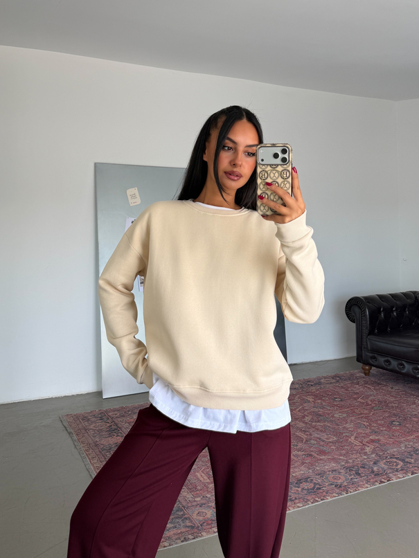Düz Basic Sweatshırt - Taş