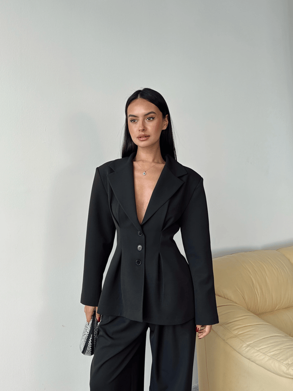 Pile Detay Oturtmalı Blazer Ceket  - Siyah