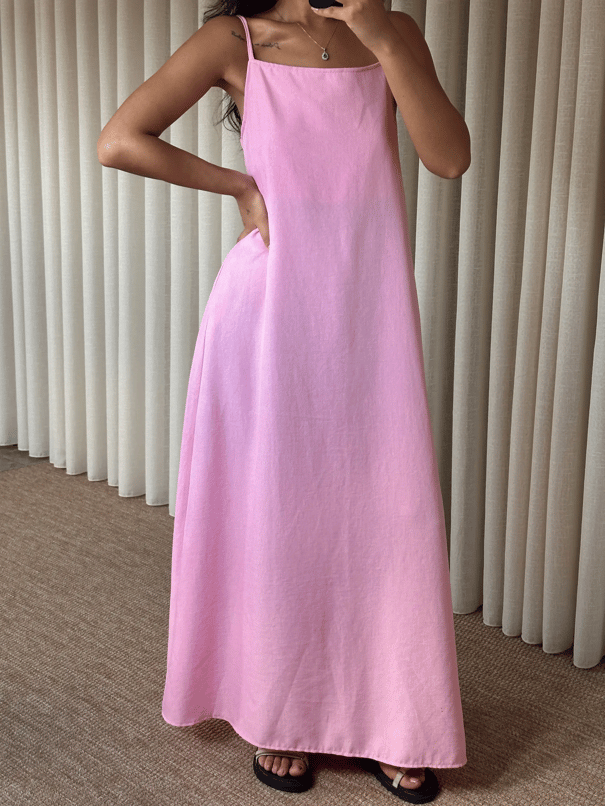 Cepli Keten Elbise - Pembe