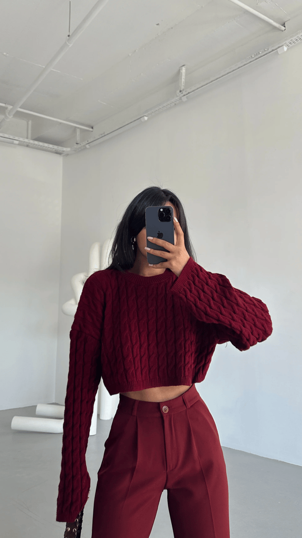 Saç Örgü Triko Crop Kazak Bordo - Bordo