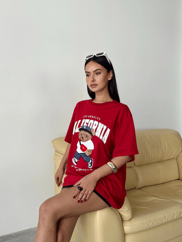 Oversize Bear Nakışlı T-shirt - Kırmızı