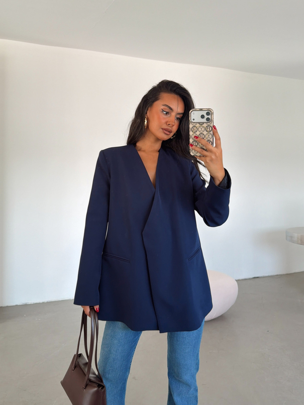 Deri Kemerli Blazer Ceket - Lacivert