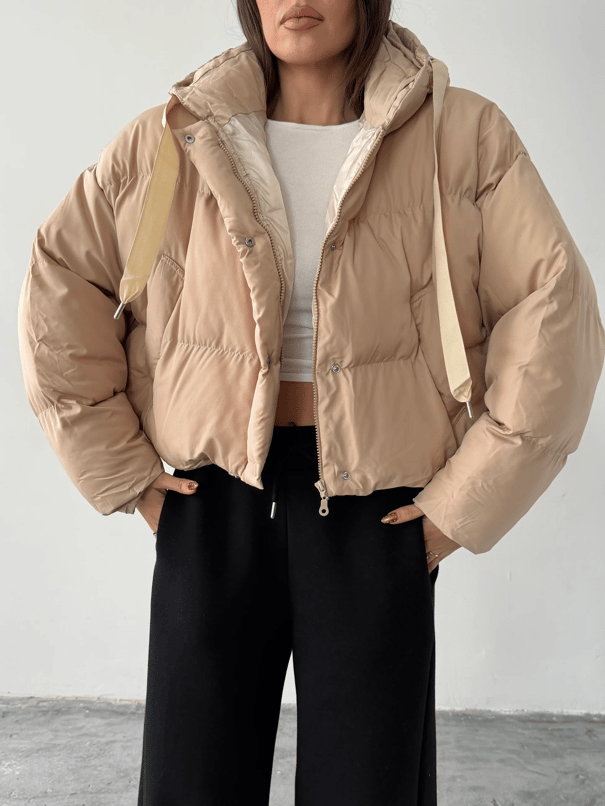 Oversize Kapüşonlu Şişme Mont - Taş