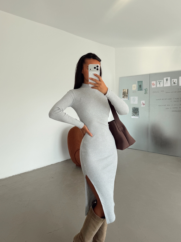 Balıkçı Yaka Fitilli Basic Elbise Gri - Gri