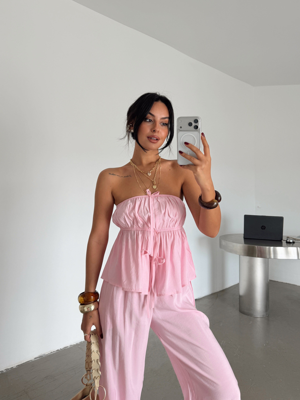 Straplez Keten Takım - Pembe