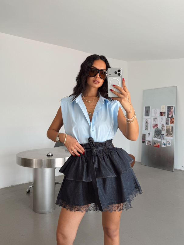 Katlı Denim Etek - Lacivert