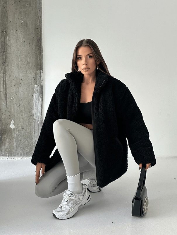 İç Astarlı Oversize Peluş Mont  - Siyah
