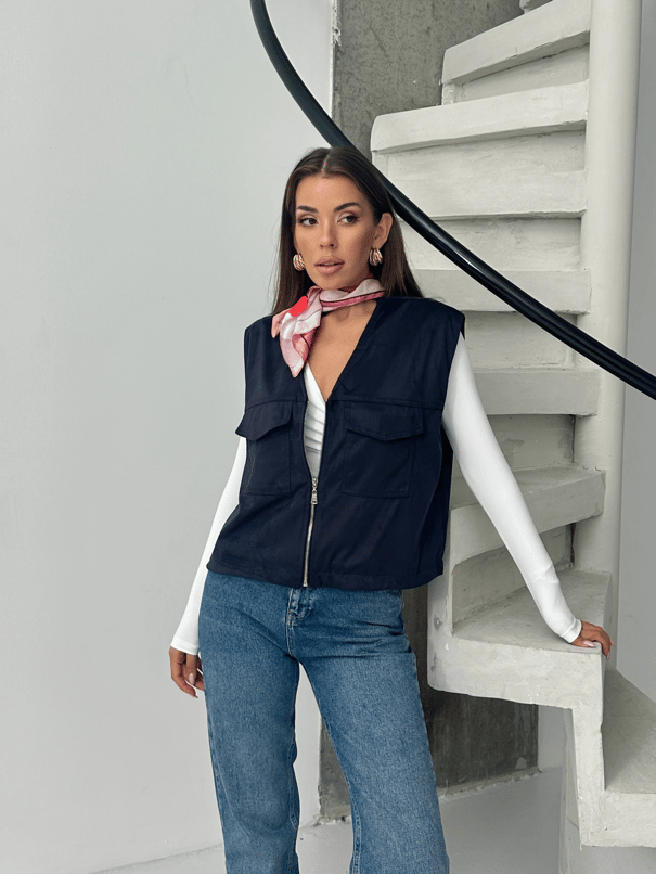 Cep Detay Nubuk Yelek - Lacivert