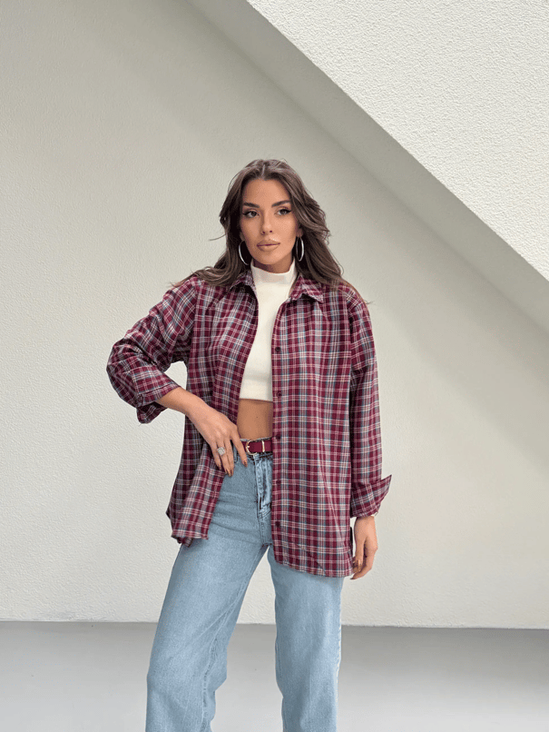 Kareli Oversize Gömlek - Bordo