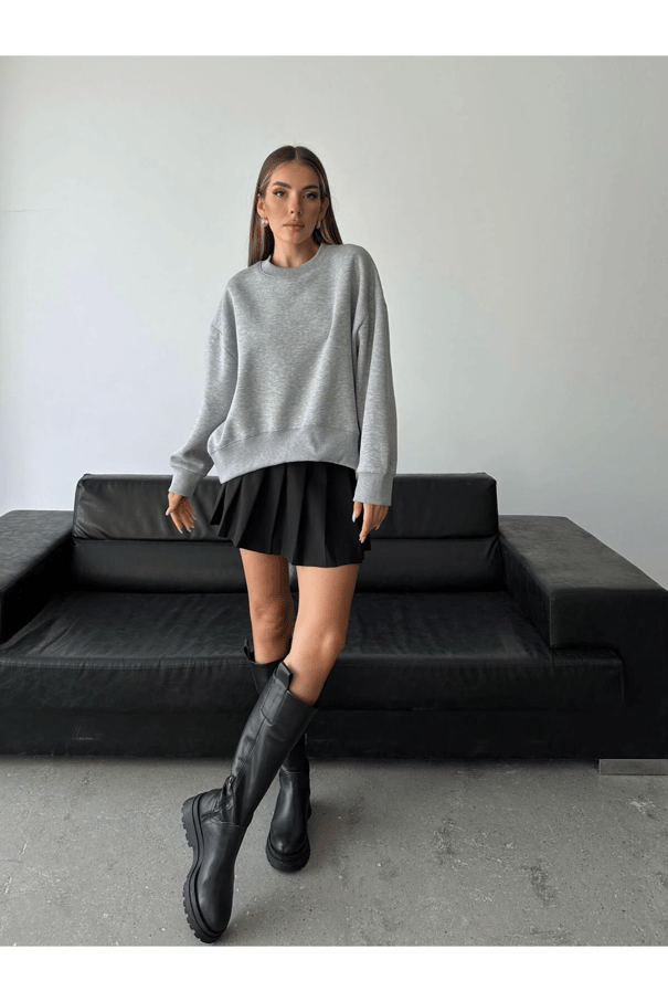 Sage Bisiklet Yaka Sweatshirt Gri - Gri