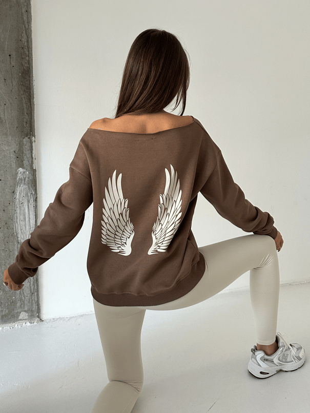 Angel Nakışlı Kayık Yaka Sweat - Kahve