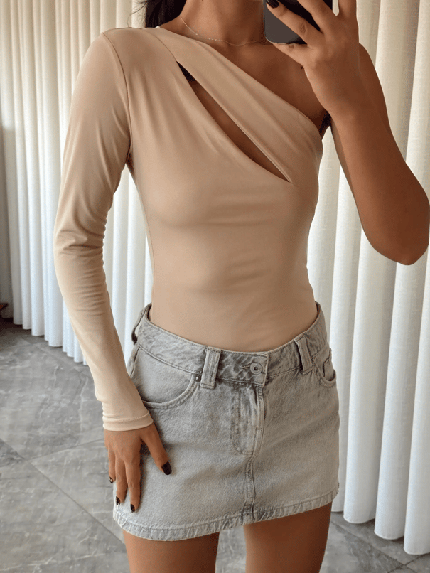 Sabrina Tek Kol Bodysuit Bej - Bej