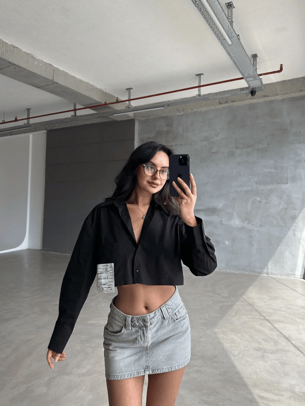 Daisy Cep Üstü Arma Detay Crop Gömlek Siyah - Siyah