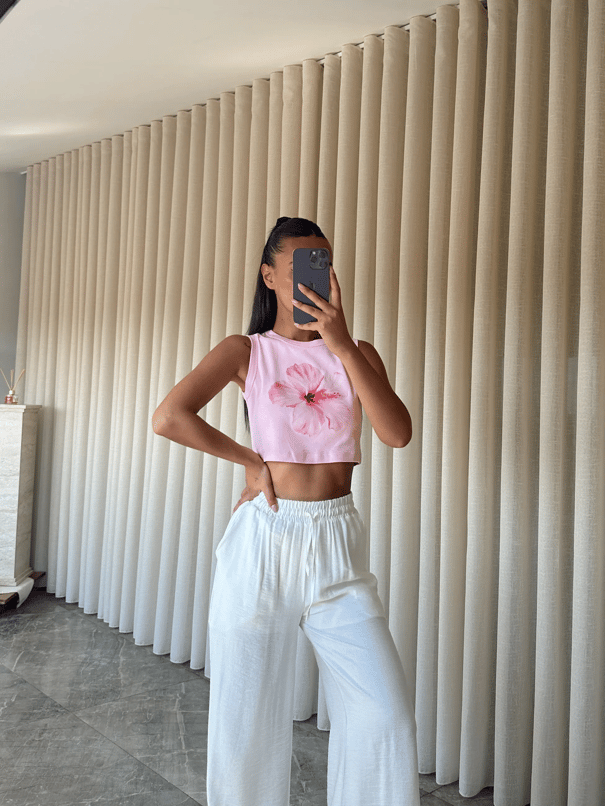 Çiçek Baskılı Crop - Pembe