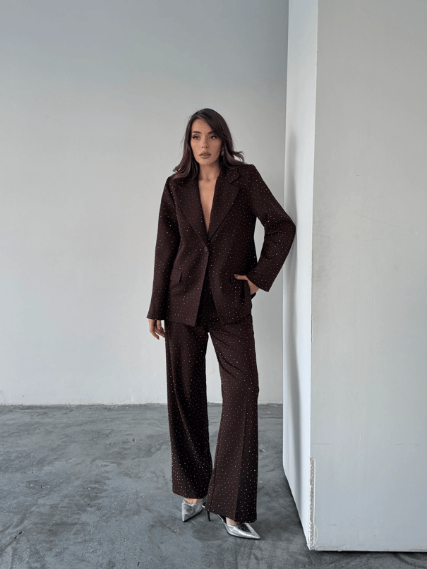 Premium Taş Detaylı Ceket Pantolon Takım  - Kahve
