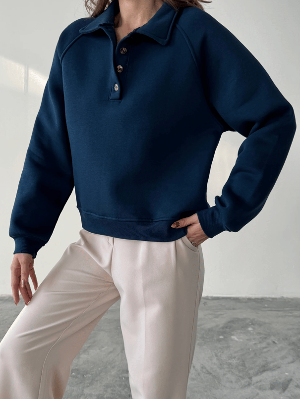 Polo Yaka Düğmeli Sweatshirt - Lacivert