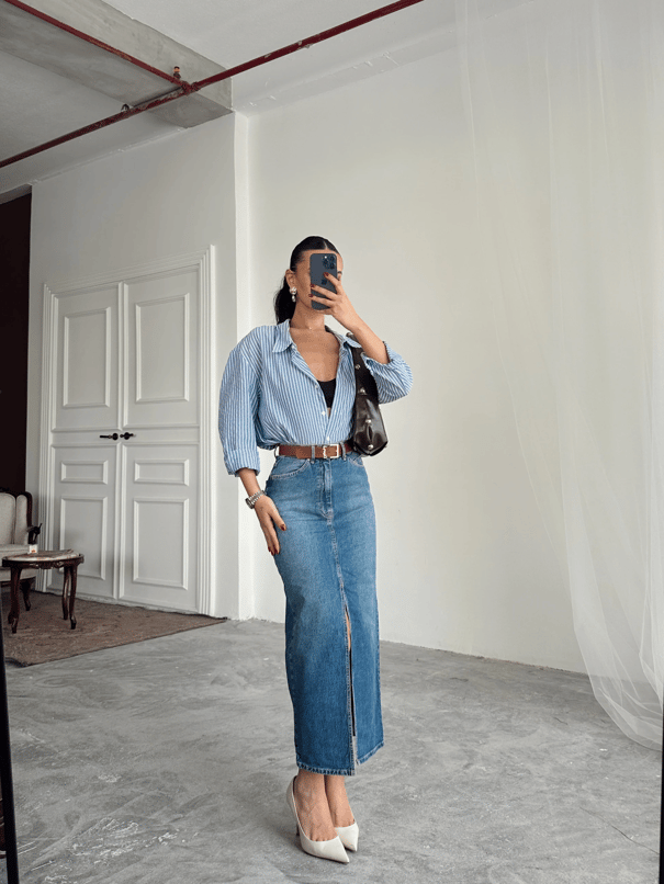 Uzun Ön Yırtmaç Denim Etek - Mavi