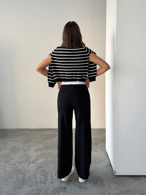 Çimalı Bel Lastik Selanik Pantolon - Siyah