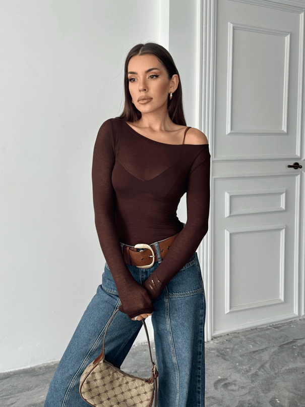 Kayık Yaka Transparan Bluz  - Kahverengi