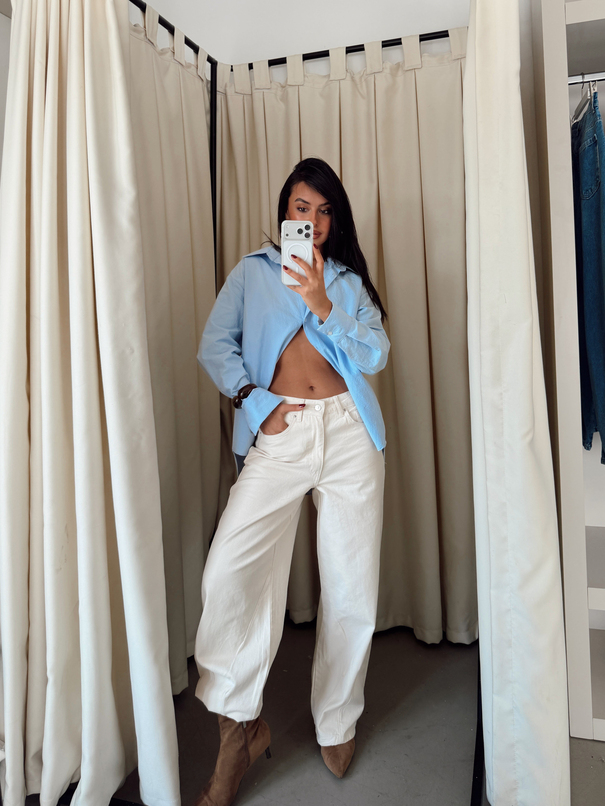 Paça Çift Pensli Boyfriend Jean - Krem