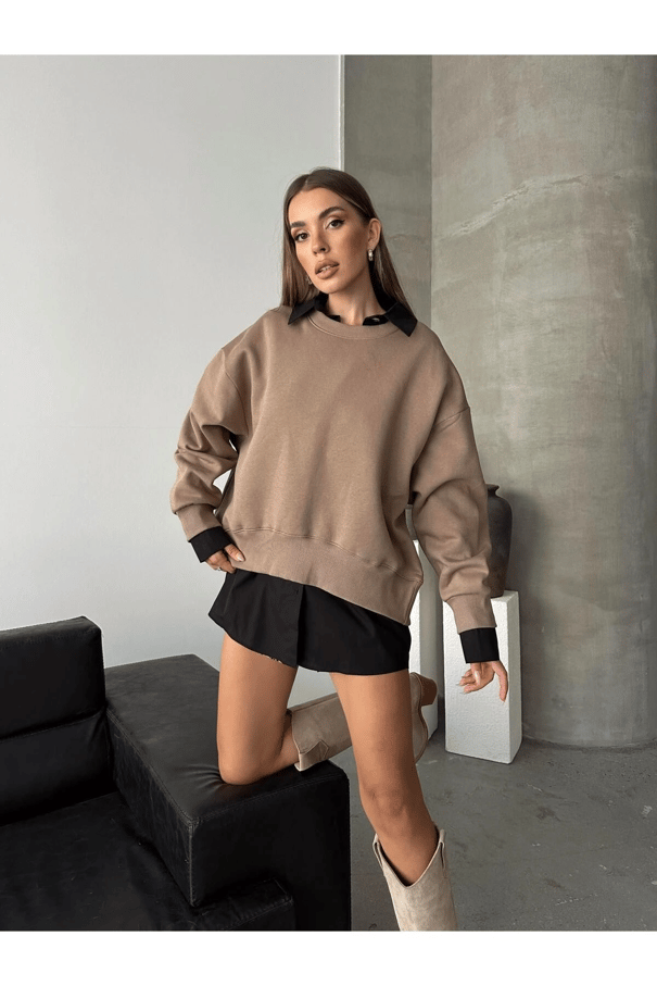 Sage Bisiklet Yaka Sweatshirt Vizon - Vizon