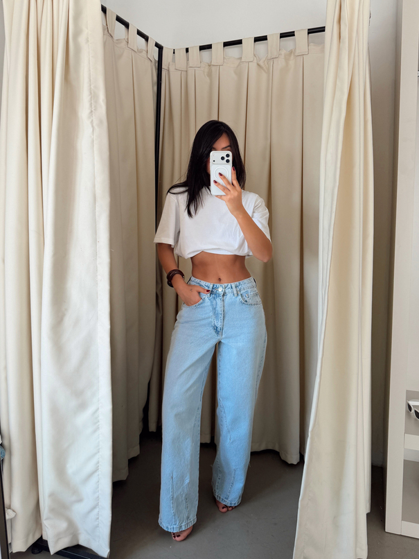 Paça Çift Pensli Boyfriend Jean - Buz Mavi