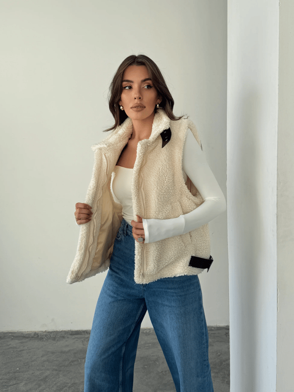 Kemer Detaylı Kürk Yelek - Ekru