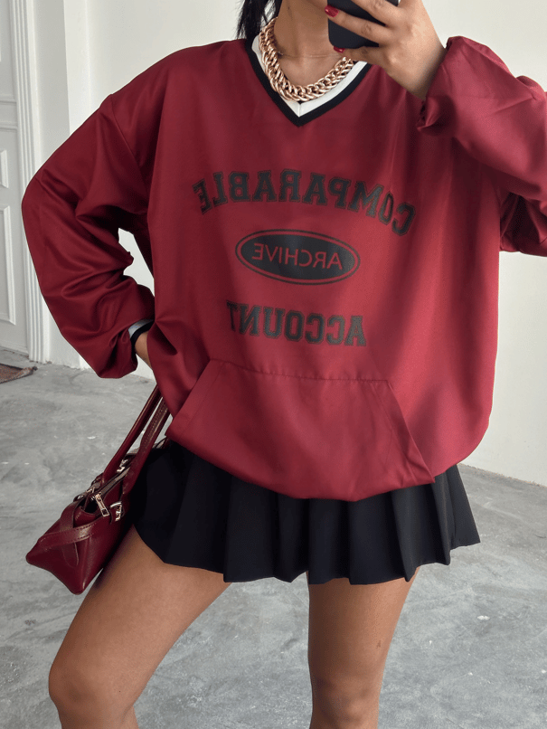 Önü Baskılı Şerit Detay Sweat - Bordo