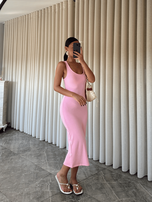Sıfır Kol Modal Kumaş Elbise - Pembe