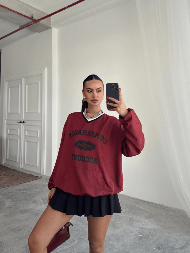 Önü Baskılı Şerit Detay Sweat - Bordo